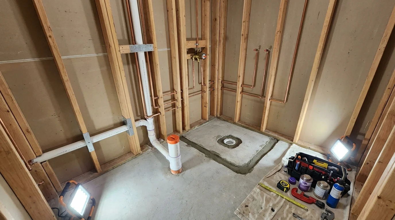 Bathroom rough-in plumbing during remodel by Johns Plumbing LLC in University