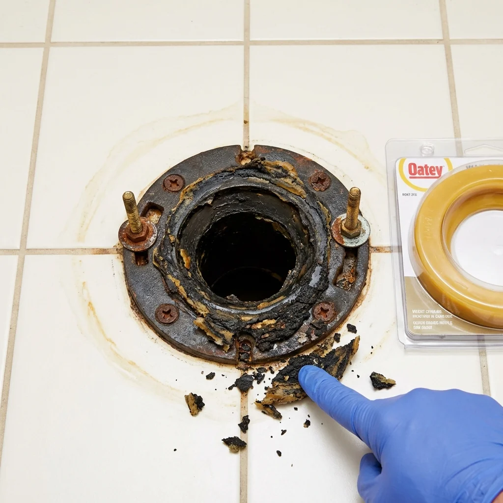 Failed wax ring showing water seepage at the base of a toilet in a University, MS home