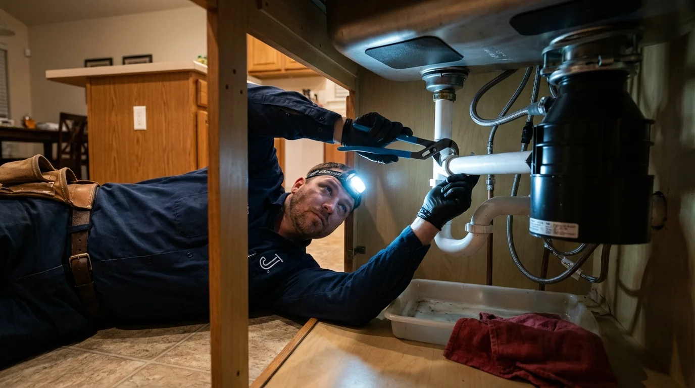 P-trap and supply line connections under a kitchen sink showing a common leak point in University, MS